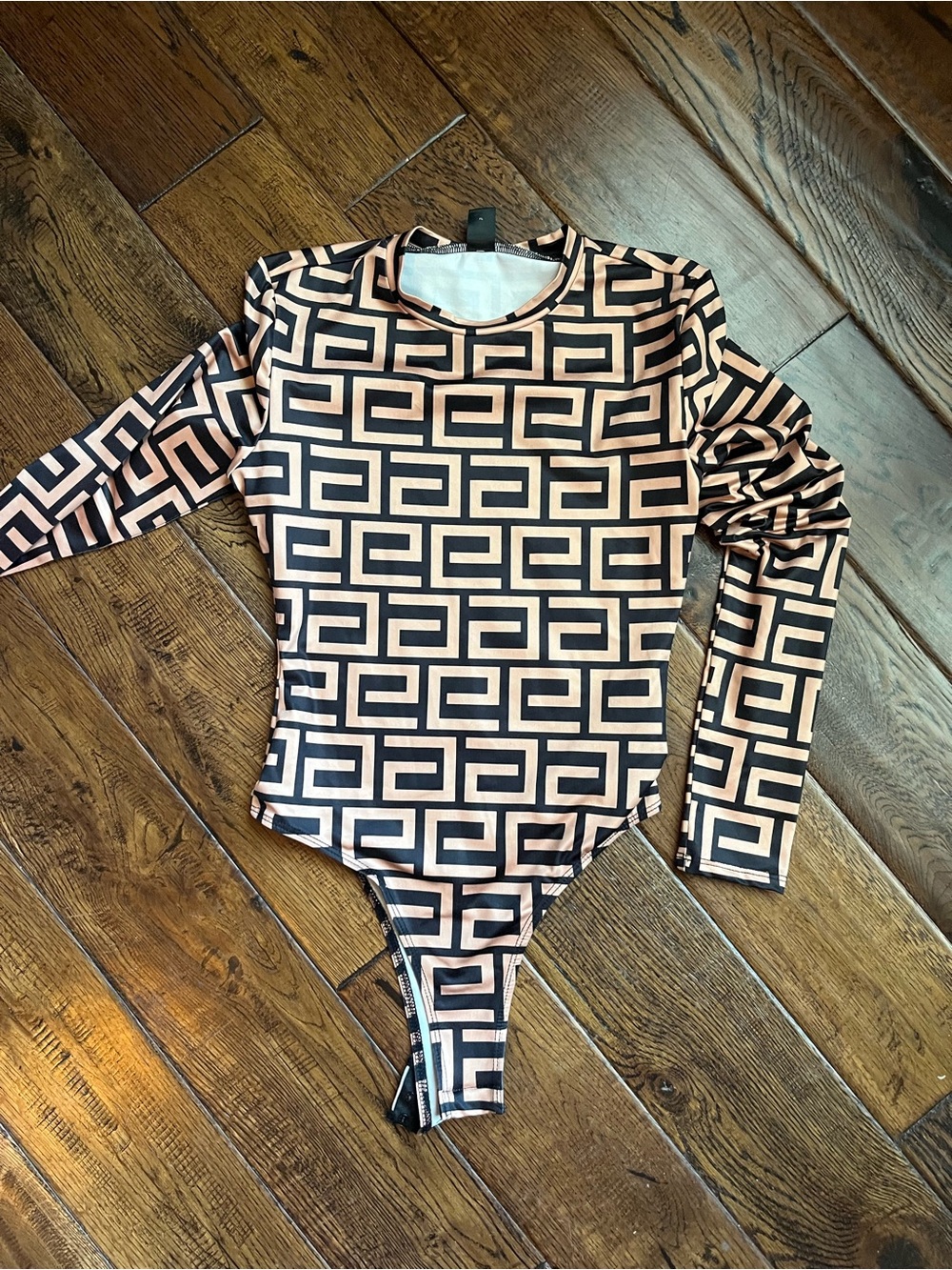 Geometric Print Long Sleeve Bodysuit - Black & Blush